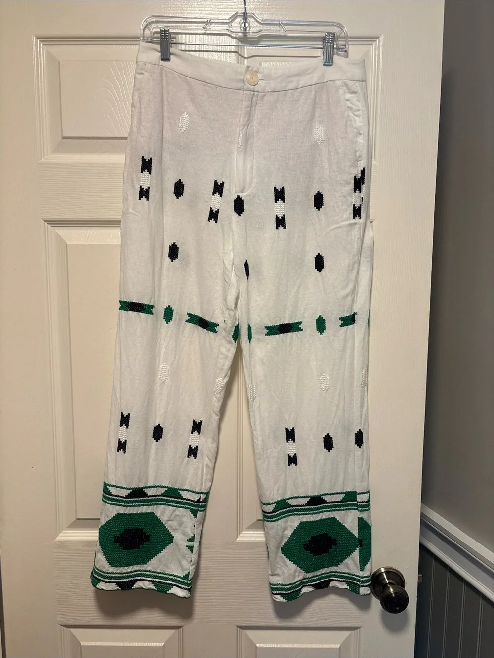 Zara Embroidered Linen Blend Cropped Straight Leg Pants White Green Large